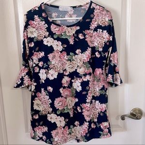 Navy Blue Floral 3/4 Bell Sleeve Top
